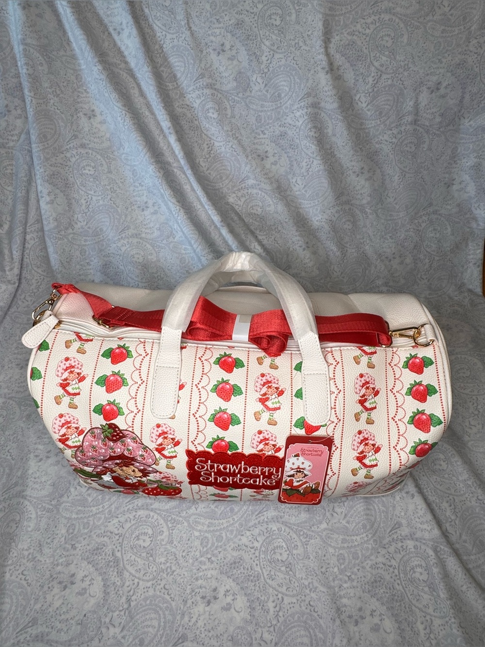 Strawberry Shortcake Pebbled Faux Leather Embroidered Red & Cream Large Duffle - Picture 7 of 14